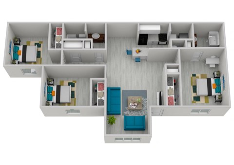 Floor plan for 3 beds, 2 baths, 1390 sqft